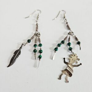 Vtg Sterling Silver Native American Malachite Kachina Feather Kokopelli Earrings